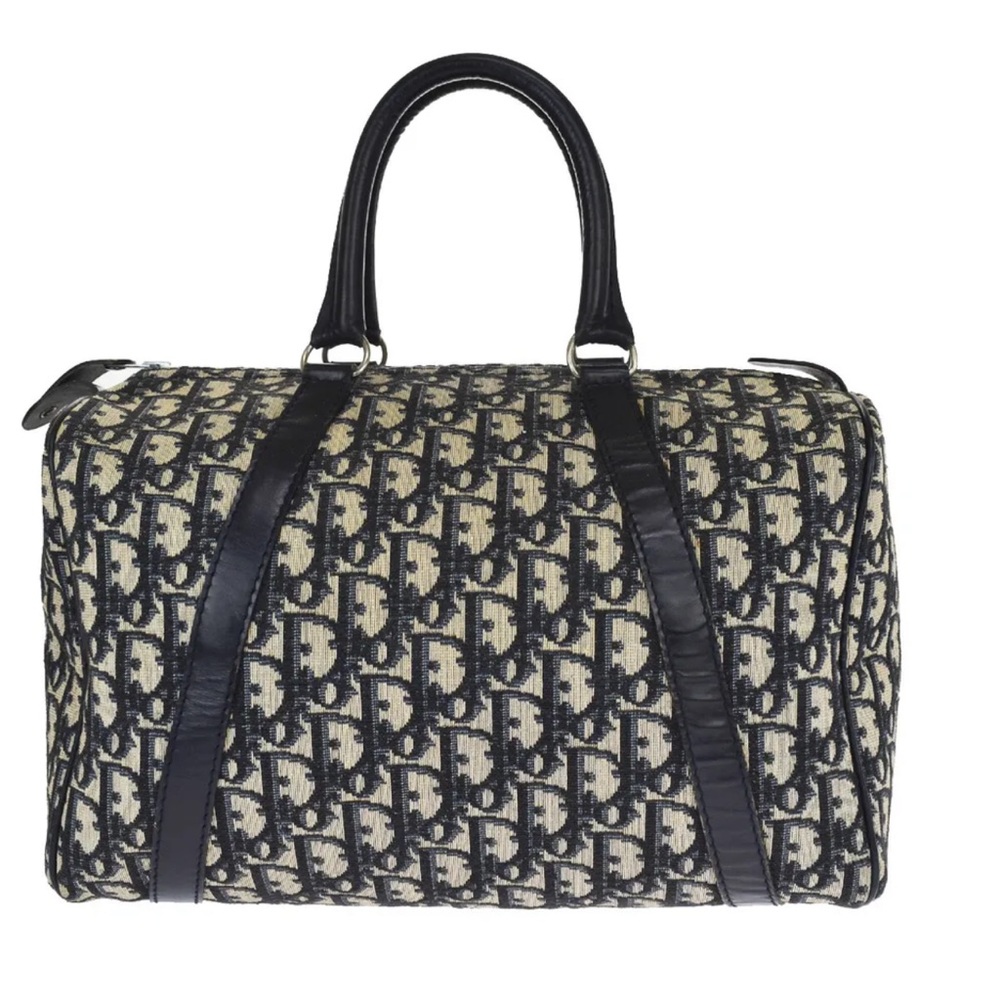 CHRISTIAN DIOR Trotter Pattern  Hand Bag Canvas Leather Navy Blue 32MQ865